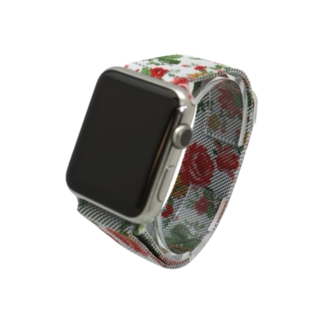 بند اپل واچ سفید استیل ضد حساسیت با طرح گل رز زنانه