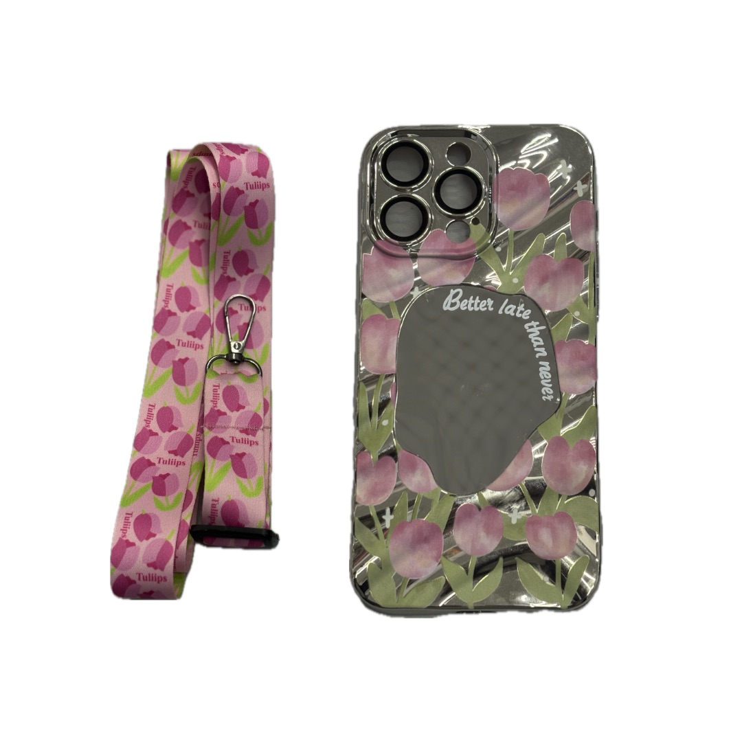 قاب فانتزی آیفون آینه دار طرح گل لاله صورتی همراه با بند آویز ست
