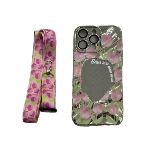 قاب فانتزی آیفون آینه دار طرح گل لاله صورتی همراه با بند آویز ست