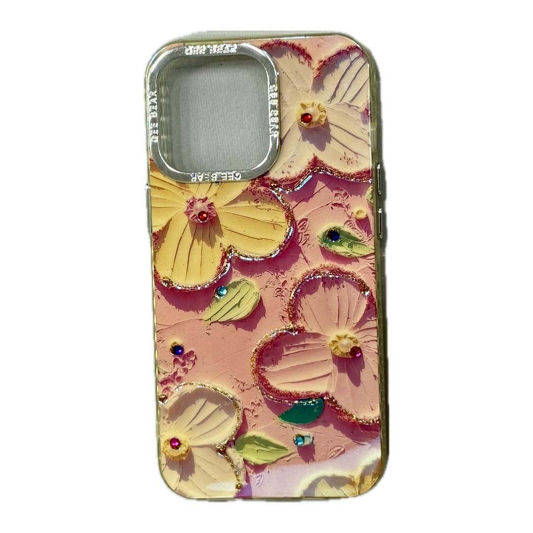 قاب فانتزی آیفون طرح گل آبرنگی با نگین های رنگی پس زمینه گلبهی