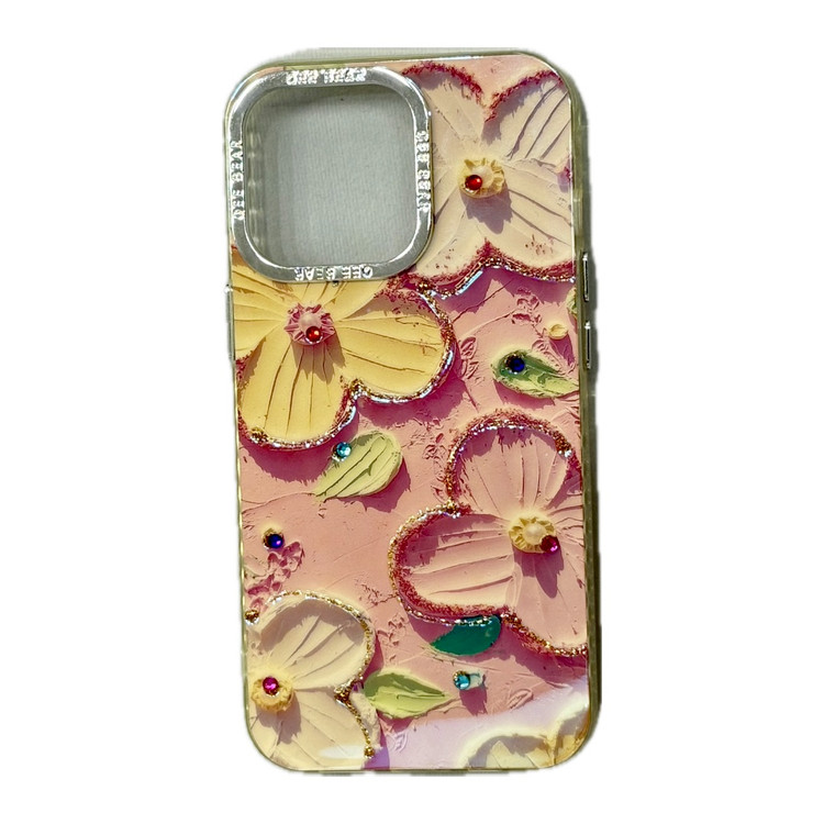 قاب فانتزی آیفون طرح گل آبرنگی با نگین های رنگی پس زمینه گلبهی