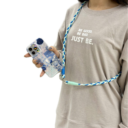 بند آویز موبایل آبی سفید دوقلاب و تک قلاب