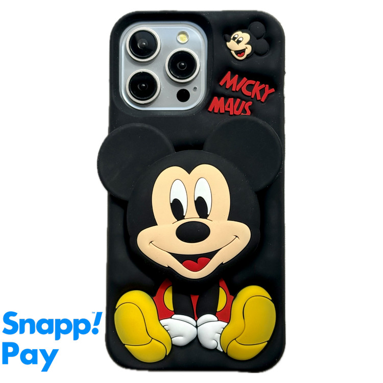 قاب آیفون میکی موس پاپ سوکتی سیلیکونی مشکی با پاپ سوکت برجسته فانتزی کاورسین