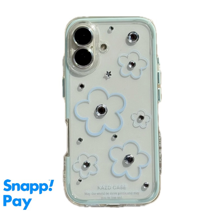 قاب آیفون طرح گل آبی شفاف نگین دار مدل دو لایه ضد ضربه کاورسین